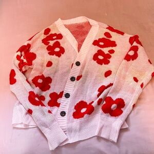 Floral Knit Cardigan Sweater - Pink and Red